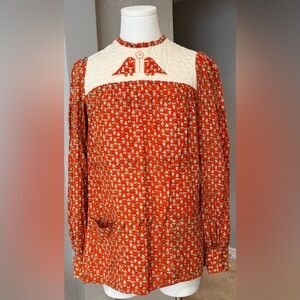 Vintage India Imports Orange Foliage Print Top w/ Quilted Chest & Embroidery